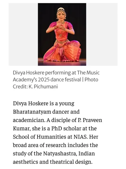 A part of The Hindu review that mentions my academic background as a PhD scholar. For me, research and performance are deeply intertwined, each enriching the other.