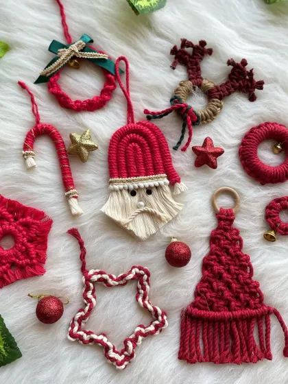 A full set of my red-themed Christmas ornaments. This collection includes a Santa, a Christmas tree, a star, a candy cane, a wreath, and a snowflake design.