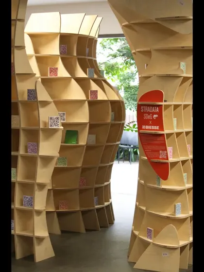 A close-up view of the assembled 'Stradata' installation. The project questions the nature of architectural boundaries, exploring how a building's 'edge' can be both an envelope and an enclosure.