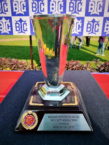 The P.V. Shetty Memorial Trophy, a modern and stylish trophy awarded in memory of a respected figure in racing.