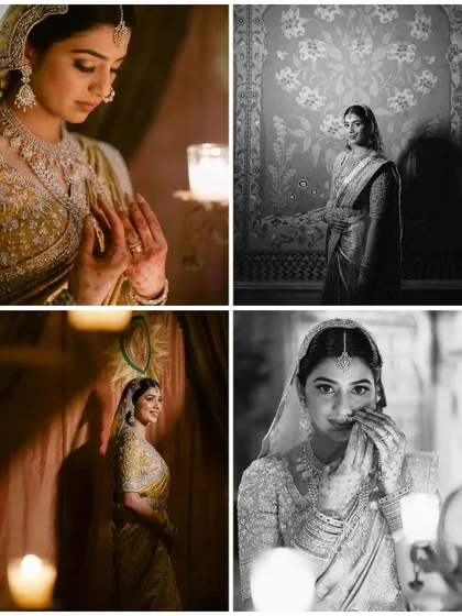 A collage of the bride's getting-ready moments, capturing her elegance and grace in both color and black and white.