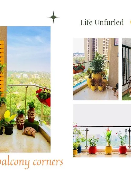 A collage showcasing different ideas for creating cozy balcony corners. We use a mix of vertical planters, colorful pots, and varied plant heights to make every nook feel special.