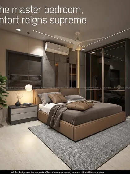 In this master bedroom, comfort is key. The design features a simple, elegant layout with a large upholstered bed, a potted plant for a touch of nature, and dark, room-darkening curtains.