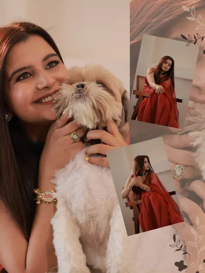 A creative collage showcasing a soft glam look with a bold red saree. This captures the essence of balancing a subtle makeup look with a statement outfit.