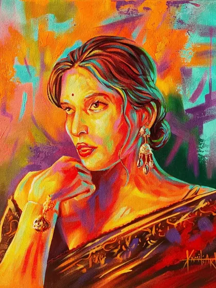 Inspired by the beauty and strength of the subject, this acrylic portrait uses a warm, fiery palette and expressive brushstrokes.