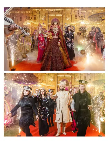 A collage of the bride's grand entry, surrounded by performers and sparklers.