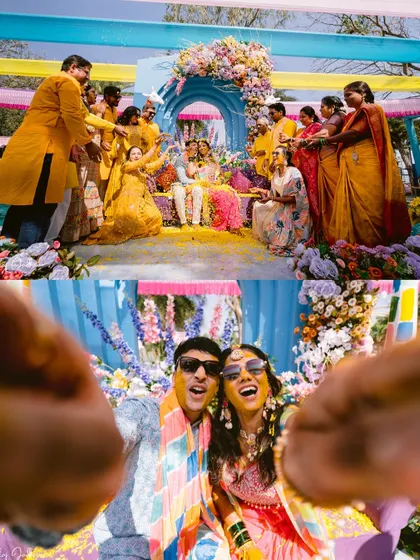 A collage showing the family's involvement and a fun selfie moment during the Haldi.