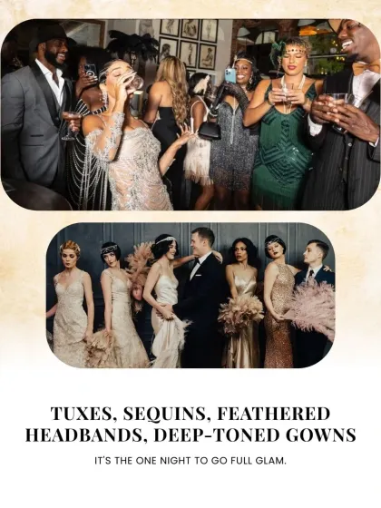 The dress code for a Speakeasy Sangeet is full glam. Think tuxes, sequins, and feathered headbands. I help curate the entire experience, ensuring the guest attire complements the dramatic, vintage decor.