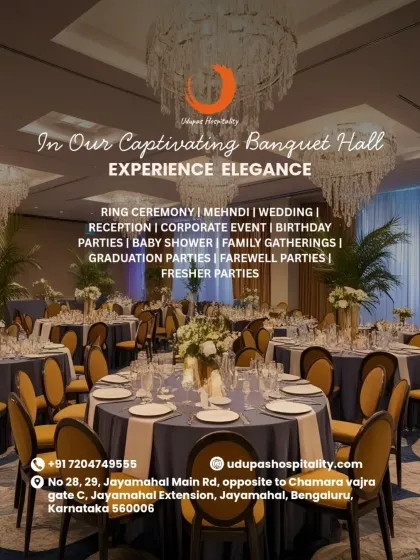 Our captivating banquet hall is the perfect setting to experience elegance. This image showcases a beautifully arranged hall ready for any celebration, from a ring ceremony and wedding to a corporate event or birthday party.