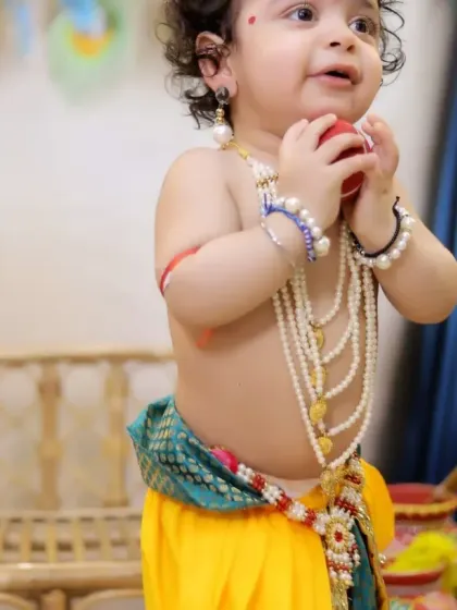 A close-up shot capturing the delightful details of a baby Krishna, from the pearl necklaces to the playful expression.