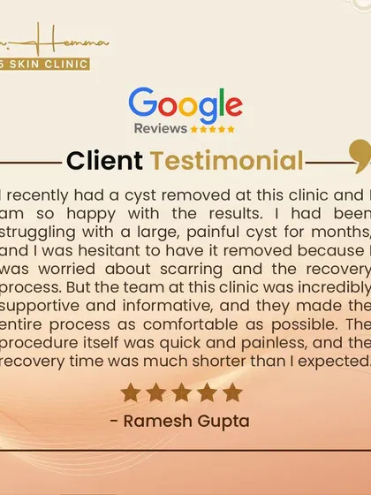 Your comfort and confidence are my top priorities. This feedback from a patient who underwent a cyst removal at my clinic highlights the supportive and professional experience I strive to provide. We ensure you are informed and comfortable from consultation to recovery.