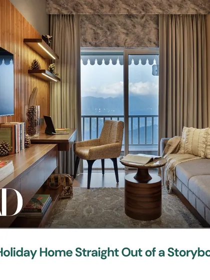 Our Valley of Dreams project was featured in Architectural Digest India. This image from the feature captures the den area, highlighting its storybook quality with warm wood, a cozy sofa, and stunning mountain views.