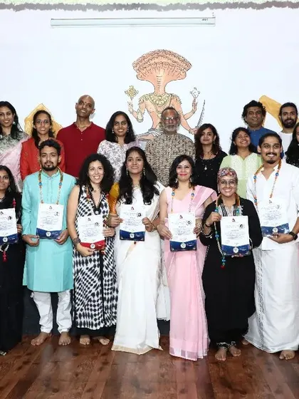 Celebrating the success of our teacher trainees. This group photo captures the sense of accomplishment and community that defines our residential courses in Mysore.