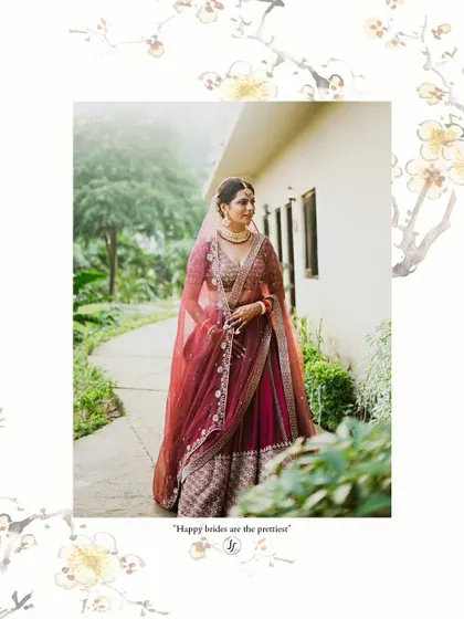 A beautifully framed shot of the bride in her wedding lehenga, with a floral border adding an artistic touch.