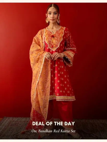 The Bandhan Red Kurta Set is a deal of the day again because it's just that popular. A perfect Karwa Chauth or wedding guest outfit.