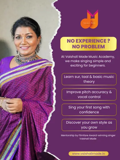 No experience? No problem at all. I make singing simple and exciting for beginners. This graphic shows how we start with 'sur' and 'taal', improve pitch accuracy, and help you sing your first song with confidence.