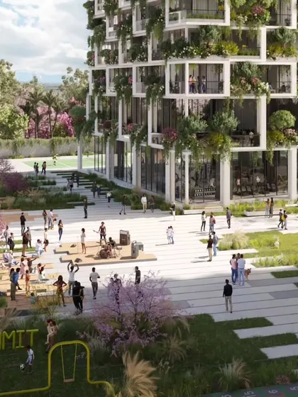 The main plaza at Sky Gardens is a bustling hub of activity, with playgrounds, seating areas, and performance spaces surrounded by lush landscaping.