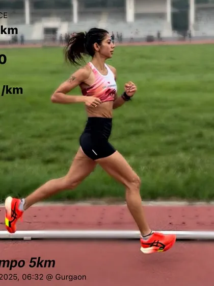 A fast 5km tempo run on the track at Tau Devi Lal Stadium in Gurgaon. The track is where we build speed and refine our form. This session, done with my training buddies, shows the power of community in pushing your limits.