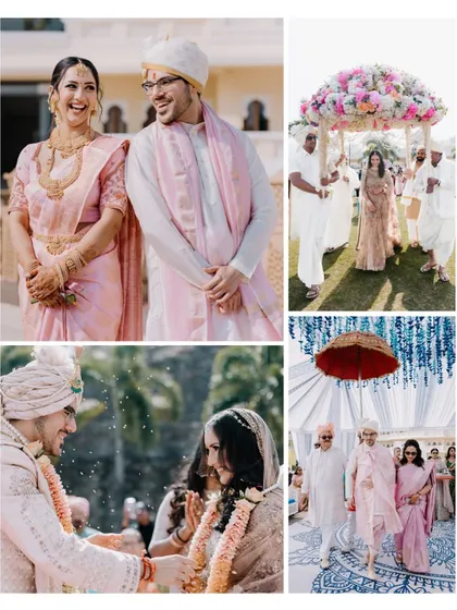 A collage of a wedding ceremony, capturing the bride's entry under a floral canopy, the varmala exchange, and other key moments.