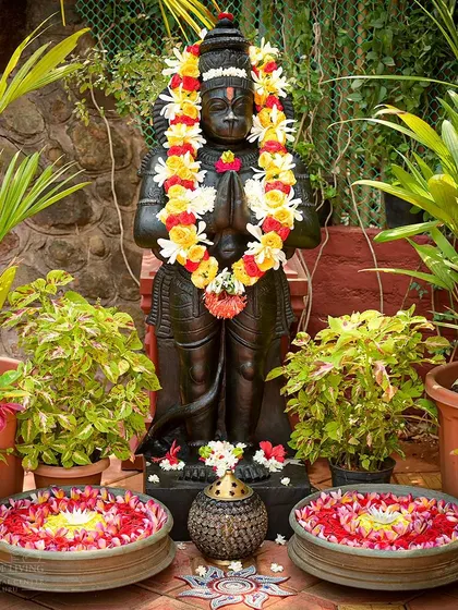 The idol of Hanuman, the embodiment of devotion and strength, adorned with a fresh flower garland. We celebrate Hanuman Jayanti by remembering his selfless service and unwavering faith.