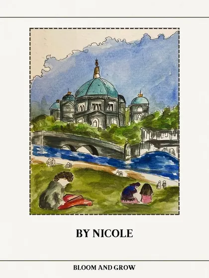 Nicole's version of the Berlin Dome, with a lovely blue sky and soft watercolor washes.