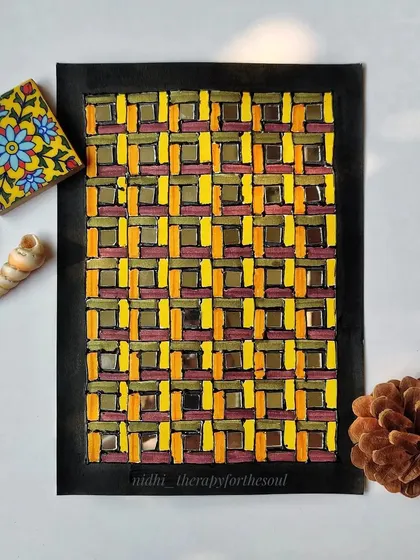 This artwork from the 'Rann ke Rang' series uses an earthy palette of yellow, ochre, and brown. The woven-like pattern is interspersed with square mirrors, reflecting the traditional crafts of Gujarat.
