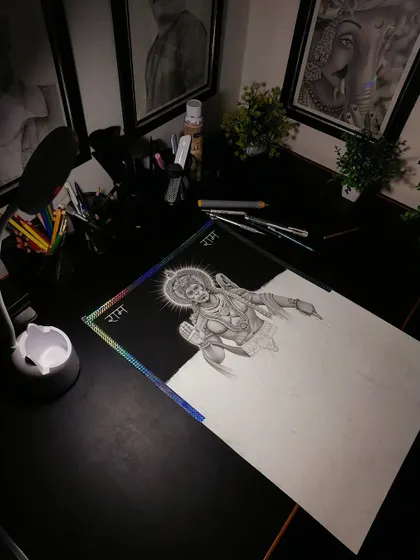 Working late at night on the Hanuman ji drawing. The background shading is a slow but important process.
