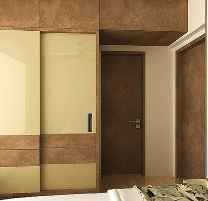 A proposed CGI for a parents' bedroom, showing a sliding wardrobe with a dual-tone finish of light wood and cream. The design is simple, elegant, and timeless.
