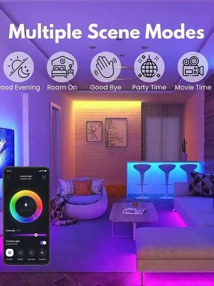 Your home should match your mood. I help you create custom lighting scenes for any occasion, from a chill movie night to a full-on party. This image showcases the different modes you can set up, all controllable with a single tap on your phone.