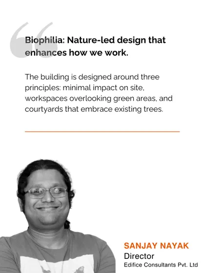A quote from our Director, Sanjay Nayak, on biophilia as a core design principle. His perspective reflects our firm's belief that nature-led design enhances how we work by creating restorative environments.