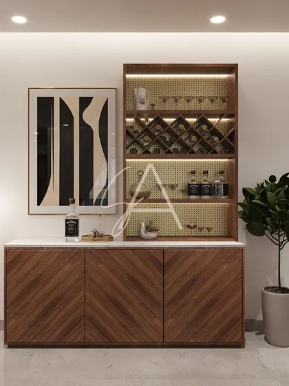 A sleek and modern bar cabinet with a marble top and diagonal wood grain. The backlit shelving and minimalist floor lamp complete this stylish corner for entertaining.