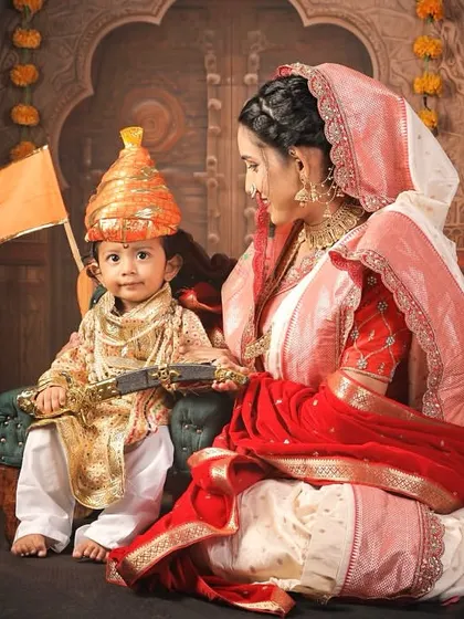 As a proud Maharashtrian, bringing our rich heritage to life is my passion. This Jijamata and Baal Shivaji theme captures the powerful bond between mother and son, creating a portrait of legacy and love.