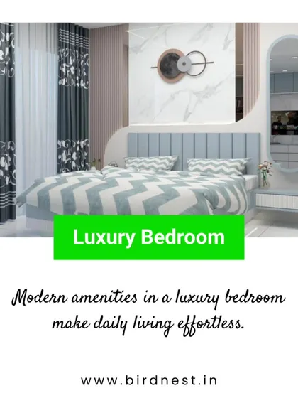 This graphic highlights a luxury bedroom where modern amenities meet effortless style. The design features a comfortable bed, a sleek vanity mirror, and elegant decor, creating a perfect personal escape.