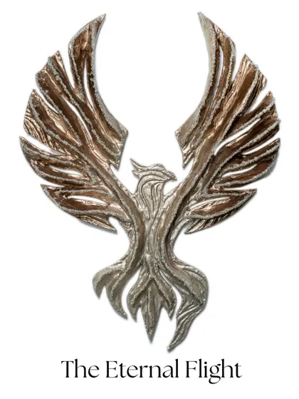 "The Eternal Flight," a sculpture inspired by the limitless rise of the Middle East. Its wings, crafted from upcycled paper and rough diamonds, carry the weight of dreams and quiet courage.