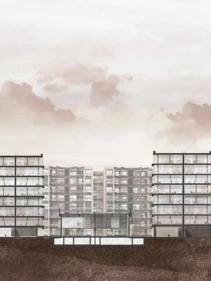 This sectional elevation of a residential high-rise illustrates the connection between form and function. It highlights the smooth incorporation of structural elements into the overall design, creating a harmonious balance.