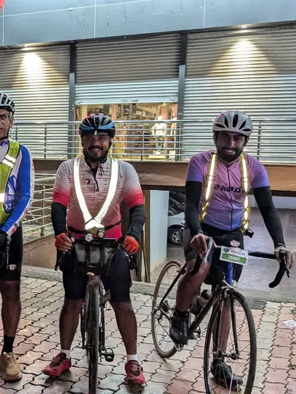 A group of determined riders at a checkpoint during the Kittur Express 1000K. These brevets bring together cyclists from all walks of life, united by a shared passion for endurance.