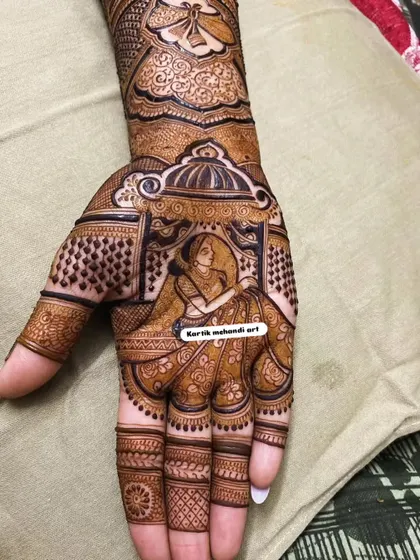 This design features a beautiful bride in her doli. The intricate details of the doli and the bride's attire showcase our skill in creating classic wedding motifs.