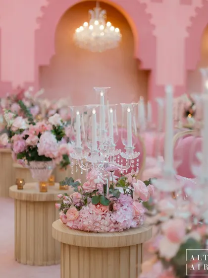 A detail from the 'Echoes of Pink' wedding in Doha. The design was inspired by Qatar's architecture, with modern arches and a color palette drawn from the bride's favorite hue.
