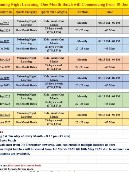 Can't make it during the day? This schedule details our one-month night learning batches for 2025, perfect for adults with busy daytime schedules.