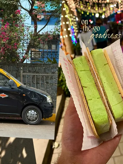 On-the-go goodness. A collage combining a taxi, a colorful wall, and a hand holding a pistachio kulfi sandwich.