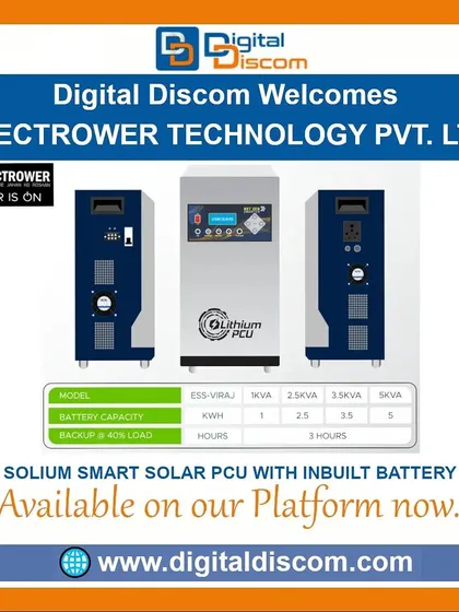 The Solium Smart Solar PCU from Electrower Technology is an all-in-one solution with an inbuilt battery. It offers a compact and efficient power backup system with varying backup times based on load.