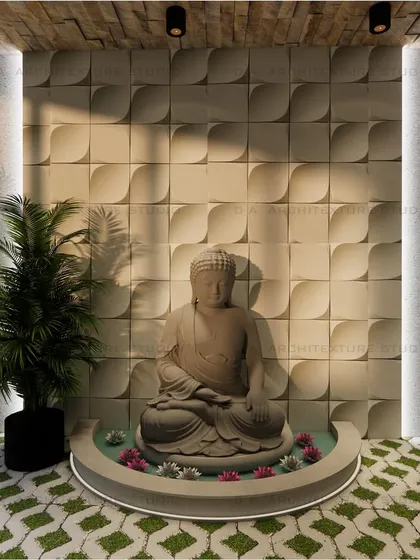 The entrance to a dental clinic, designed to radiate calmness. A serene Buddha statue is set against an elegant 3D panel, welcoming patients.