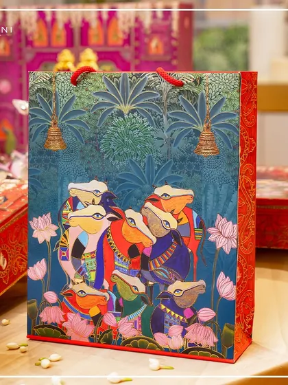 A gift bag from my Pichwai collection, featuring the vibrant and devotional art form. This piece ensures that every part of the wedding gift, down to the packaging, is a beautiful reflection of Indian heritage.