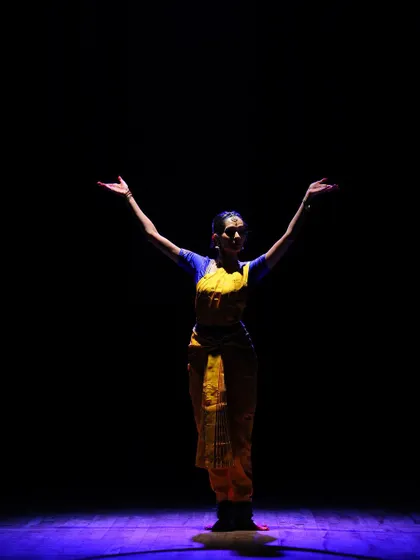 Another powerful moment from 'Maam Pahi', where I stand under a single spotlight. This kind of staging helps to build drama and focus the narrative.