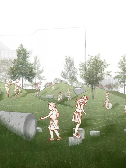 This was our initial concept sketch for the school's play area. We envisioned a dynamic landscape with hills and tunnels where children could run free and engage in imaginative play, which we then brought to life.