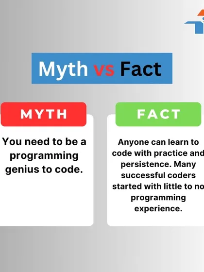 This graphic debunks the myth that you need to be a genius to code, stating that anyone can learn with practice and persistence.