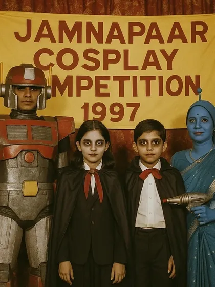 A vintage-style photo of the 'Jamnapaar Cosplay Competition 1997'. This image creates a fictional history for sci-fi fandom in India, filled with charmingly retro costumes.