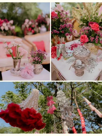 A collage of details from a Chooda ceremony, showcasing traditional elements like silver vessels, fresh roses, and hanging tassels, all styled with timeless elegance.