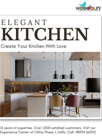 An elegant kitchen is one designed with love and functionality. This concept features a mix of materials, including stainless steel, wood slats, and a marble-look backsplash.