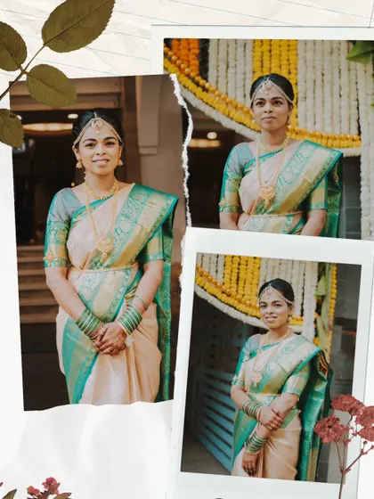 A collage of a beautiful South Indian bride in her elegant silk saree, showcasing her graceful poses and traditional look.